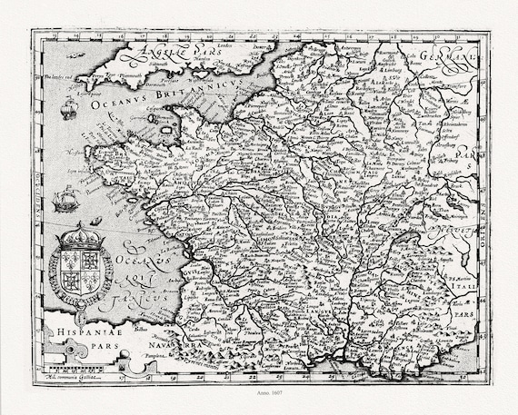Mercator et Hondius, Gallia, 1607 ,une carte sur toile de coton épais, 56x70cm environ