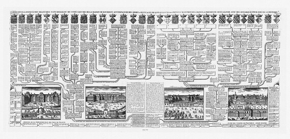 Henri Chatelain, Carte genealogique des branches naturelles ou du cote gauche de la Maison des Bourbons, 1718, sur coton épaisse, 56x70cm