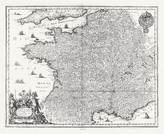Merian, Galliae Nova et Accurata descriptio Vulgo Royaume De France, 1660, une carte sur toile de coton épais, 56x70cm environ