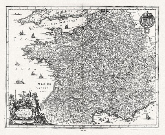 Merian, Galliae Nova et Accurata descriptio Vulgo Royaume De France, 1660, une carte sur toile de coton épais, 56x70cm environ