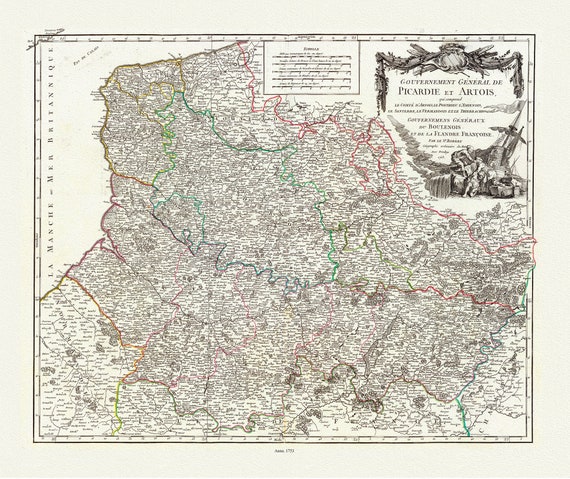 Picardie: Vaugondy (Robert de, Gilles, 1688-1766), Picardie, Artois, Flandre Francoise, 1753,  sur toile de coton épaisse, environ 56x70cm