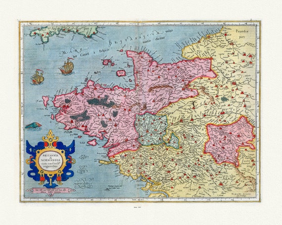 Normandy: Mercator et Hondius, Britannia & Normandia cum confinib' regionibus, 1623 , carte sur toile de coton épaisse, environ 56x70cm