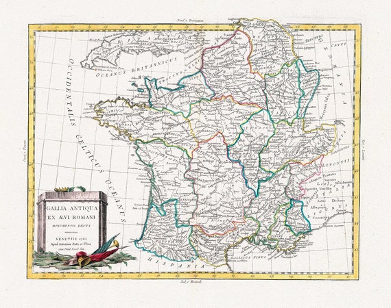 Zatta, Zuiliani, Novelli et Pitteri, Gallia Antiqua ex aevi Romani, 1778, une carte sur toile de coton épais, 56x70cm environ