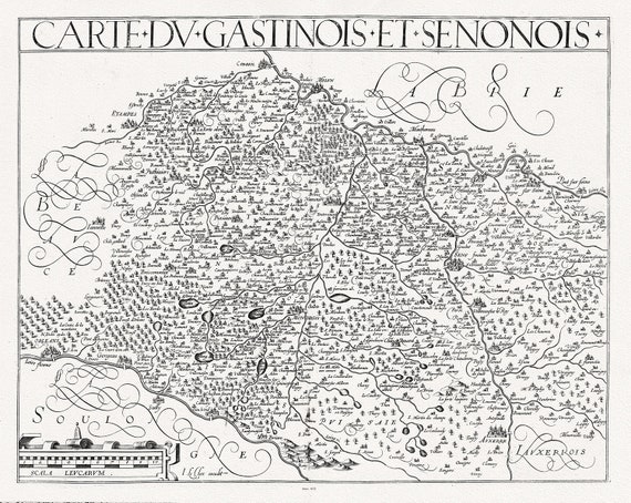 Michel de La Rochemaille et Le Clerc, Carte du Gastnois et Senonois, 1632, carte sur toile de coton épaisse, environ 56x70cm