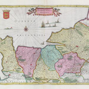 Normandie, Normandia Dvcatvs, 1665, Blaeu auth. , une carte sur toile de coton épaisse, environ 56x70cm