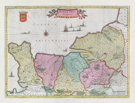 Normandie, Normandia Dvcatvs, 1665, Blaeu auth. , une carte sur toile de coton épaisse, environ 56x70cm