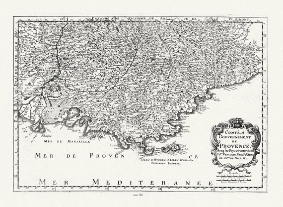 Provence: Merian et Zeiler, Comte, et Gouvernement de Provence, 1663 , une carte sur toile de coton épaisse, environ 56x70cm