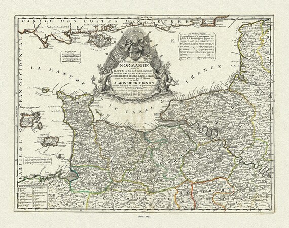 Le Duché et Gouvernement de Normandie divisé en Haute et Basse Normandie, en Divers Pays, 1694,  Nolin et al. auths., 50 x 70 cm APPROX.