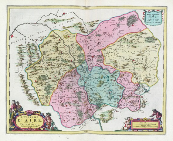 L'Evesché D'Aire, 1665, Blaeu auth., une carte sur toile de coton épaisse, environ 56x70cm