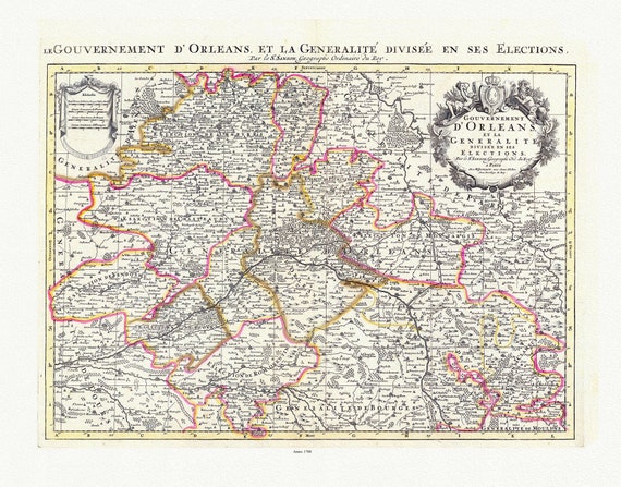 Centre Val Loire: Jaillot, Mortier et Sanson, Gouvernement d'Orleans, 1708 , carte sur toile de coton épaisse, environ 56x70cm