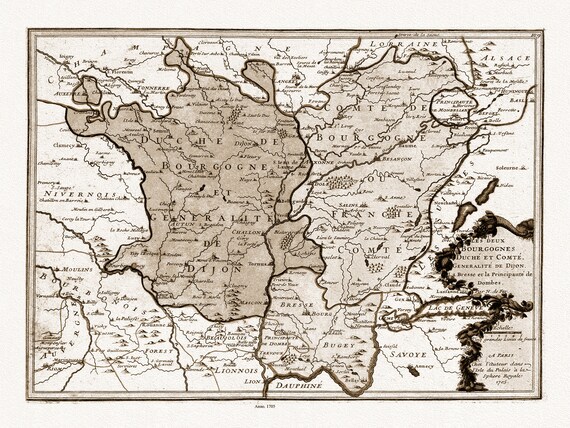 Burgundy: de Fer, Les deux Bourgognes Duche et Comte Generalite de Dijon,1705 Ver. S,, carte sur toile de coton épaisse, environ 56x70cm