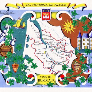 Hetreau, Les Vignobles de France, Vins d'Bordeaux, 1950 ,carte sur toile de coton épaisse, environ 56x70cm