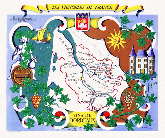 Hetreau, Les Vignobles de France, Vins d'Bordeaux, 1950 ,carte sur toile de coton épaisse, environ 56x70cm