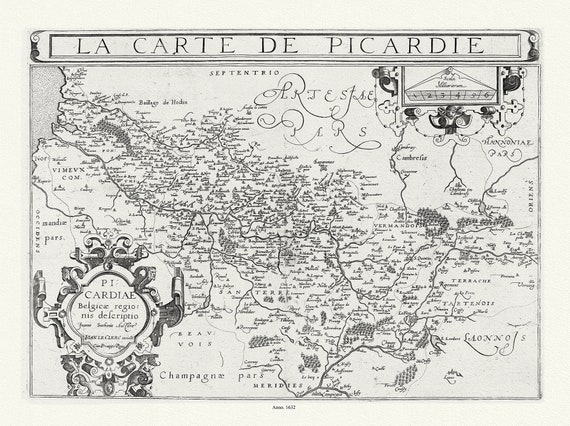 Picardie: Michel de La Rochemaille et Le Clerc, La Carte de Picardie, 1632 , carte sur toile de coton épaisse, environ 56x70cm