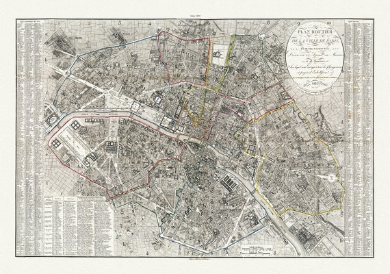 Paris,divise en 12 arrondts, sur lequel sont indiqués tous les changemens et projets d'embellissemt.1823. carte sur toile de coton  56x70cm