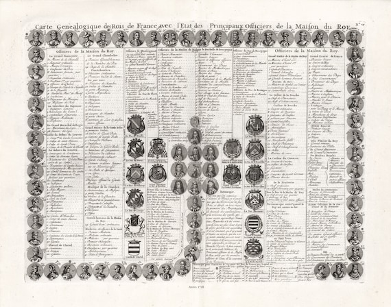 Henri Chatelain- Carte genealogique des Rois de France, 1718 ,une carte sur toile de coton épais, 56x70cm environ