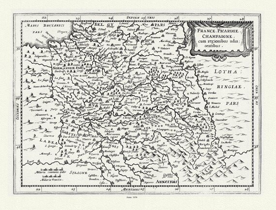 Picardie, Champaigne, cum regionibus adiacentibus, van Waesberge,Mercator et Cloppenburg, 1636,  sur toile de coton épaisse, environ 56x70cm