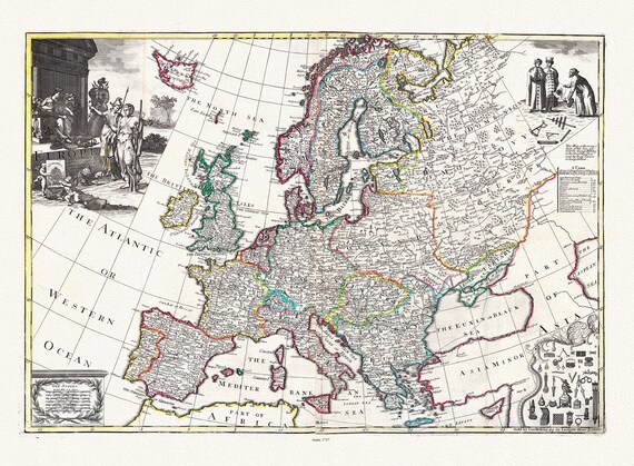 Willdey, No. 3. Europe, 1717 ,une carte sur toile de coton épais, 56x70cm environ