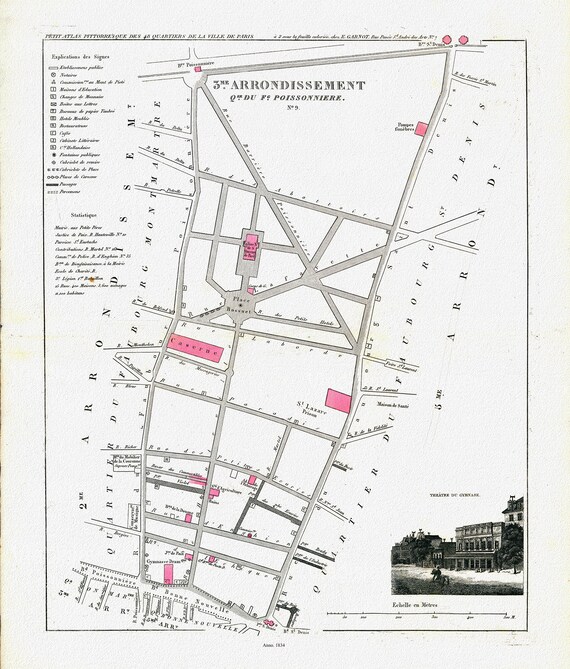 Perrot, Paris 3 Me. Arrondissement  Qer. Fg. Poissonniere. No. 9, 1834 , une carte sur toile de coton épaisse, environ 56x70cm