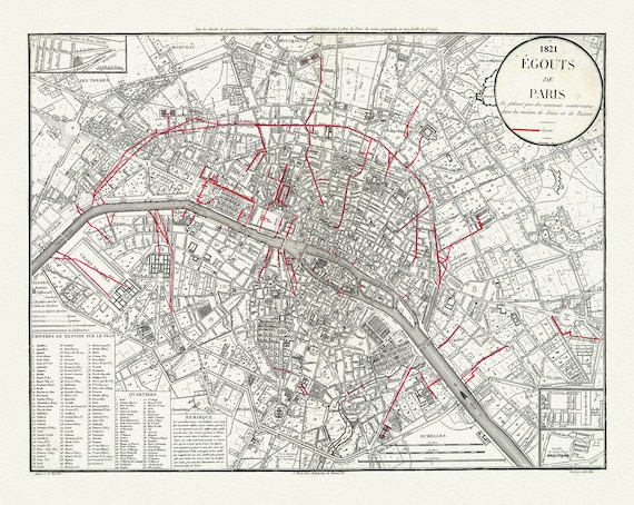 Egouts de Paris, Maire auth., 1821, une carte sur toile, 50x70cm APPROX