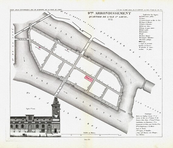 Perrot, Paris 9 Me. Arrondissement  Quartier de l'Ile St. Louis. No. 33, 1834, une carte sur toile de coton épaisse, environ 56x70cm