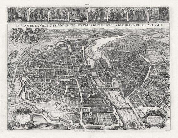 Tavenier, Pl. XVI. Ville de Paris, 1630 , carte sur toile de coton épaisse, environ 56x70cm