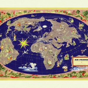 Air France, Le Plus Grand Reseau du Monde, 1961, Ver. I , une carte sur toile de coton épaisse, environ 56x70cm