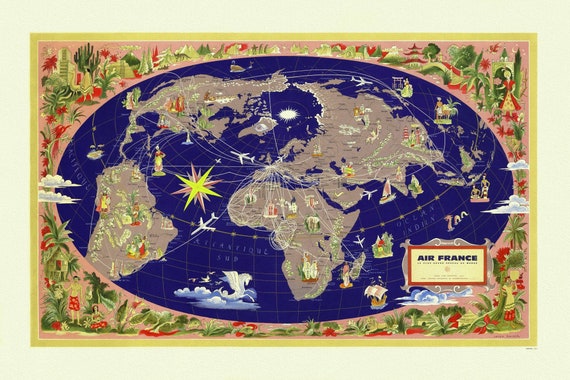 Air France, Le Plus Grand Reseau du Monde, 1961, Ver. I , une carte sur toile de coton épaisse, environ 56x70cm