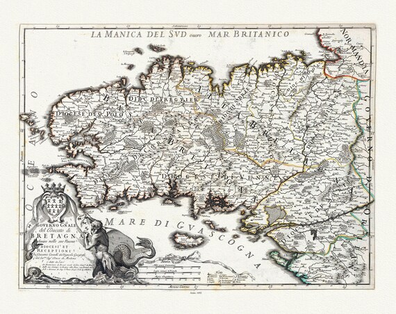 Bretagne: Rossi, Governo Gnale del Ducato di Bretagna,  Brittany, 1692, une carte sur toile de coton épaisse, environ 56x70cm