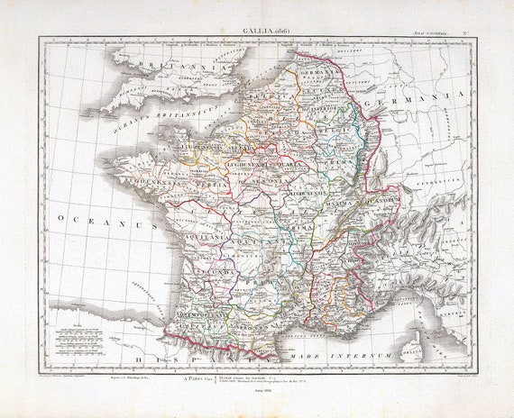 Andriveau et Goujon, Gallia Anciennes, 1816, une carte sur toile de coton épaisse, environ 56x70cm