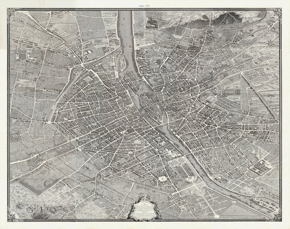 Paris. Plan de Turgot, 1739 ,une carte sur toile de coton épais, 56x70cm environ