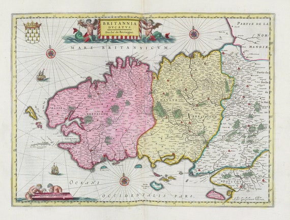 Brittany, Britannia Dvcatvs, 1665, Blaeu auth. , une carte sur toile de coton épaisse, environ 56x70cm