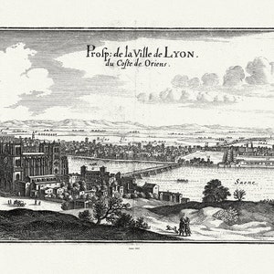 Lyonnais: Merian et Zeiler, Prosp. de la ville de Lyon II, 1662 , carte sur toile de coton épaisse, environ 56x70cm