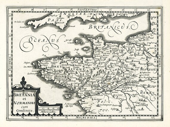 Brittany et Normandy: Bretania et Normandia cum consiniis.1636. Mercator et al. auth. ,une carte sur toile de coton épaisse, environ 56x70cm