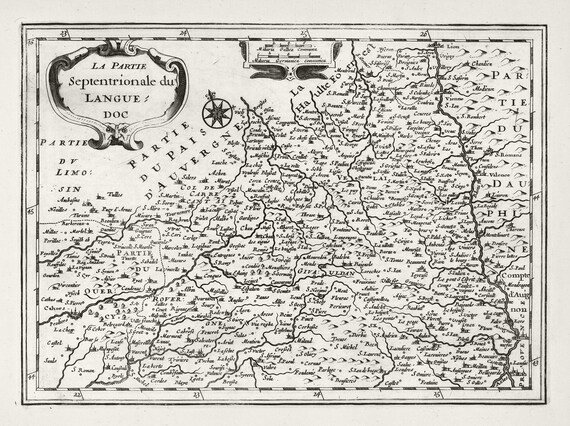 Languedoc: La partie Septentrionale du Languedoc.1636. Mercator et al. auth. , une carte sur toile de coton épaisse, environ 56x70cm