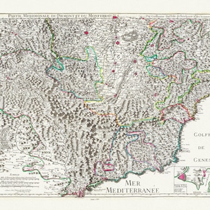 Provence: Delisle, Piemont, Monferrat meridionale, 1707  ,une carte sur toile de coton épaisse, environ 56x70cm