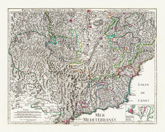 Provence: Delisle, Piemont, Monferrat meridionale, 1707  ,une carte sur toile de coton épaisse, environ 56x70cm