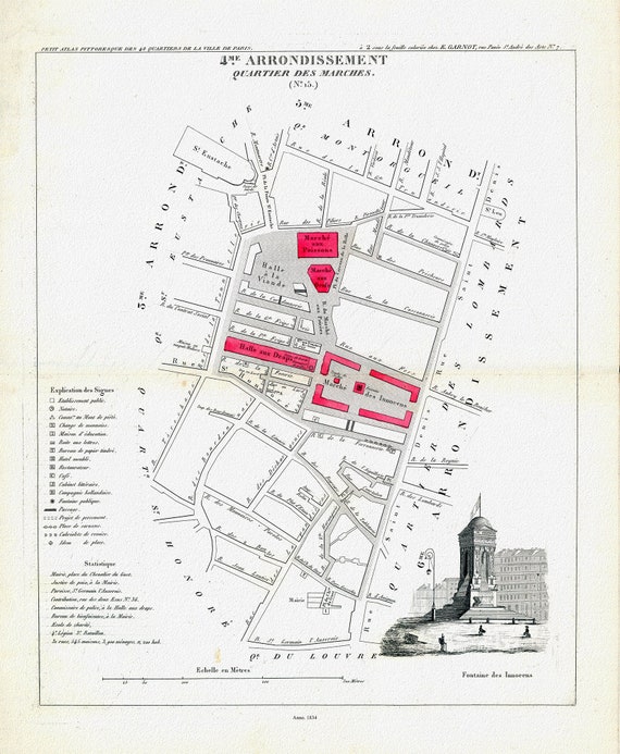 Perrot, Paris 4 Me. Arrondissement  Quartier des Marches. No. (15), 1834, une carte sur toile de coton épaisse, environ 56x70cm