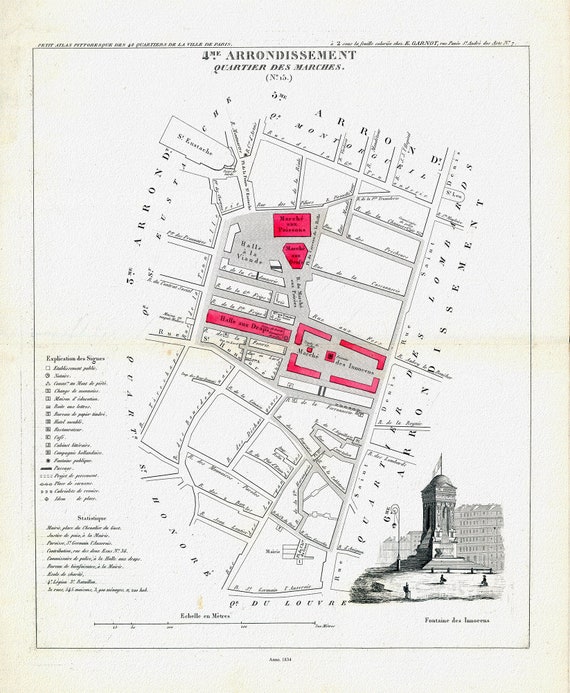 Perrot, Paris 4 Me. Arrondissement  Quartier des Marches. No. (15), 1834, une carte sur toile de coton épaisse, environ 56x70cm