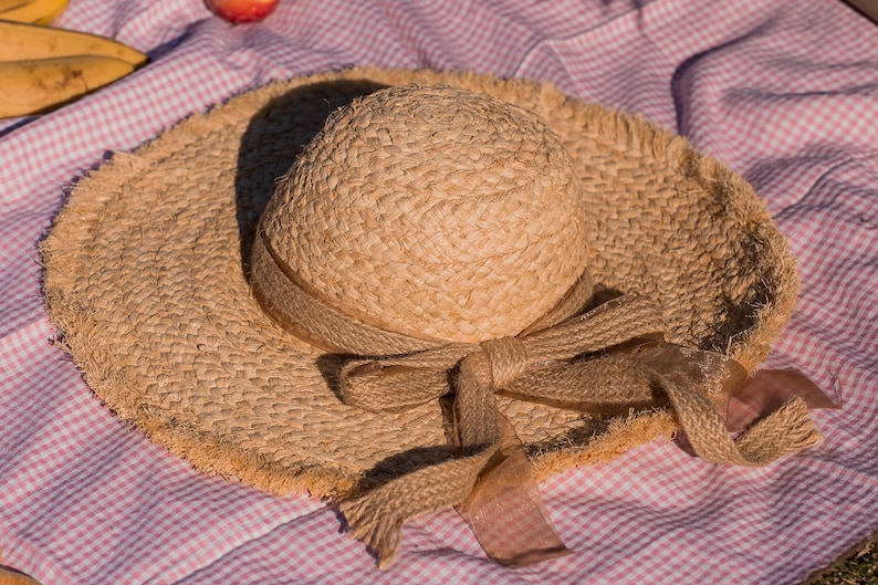 French Retro Summer Sun Hat Cloche Straw Boater Wide Brim Hat Canvas Sheer Ribbon Coralie