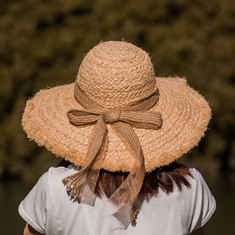 French Retro Summer Sun Hat Cloche Straw Boater Wide Brim Hat Canvas Sheer Ribbon Coralie