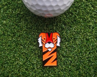 Tiger enamelled golf ball marker with personalised laser engraving. Junior golf gift. Golf tour.  Game token, board game piece.