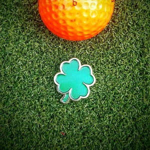 Four Leaf Clover personalised magnetic steel golf ball marker. Green and gold enamel. Wedding lucky charm. Decision coin. Anniversary gift.