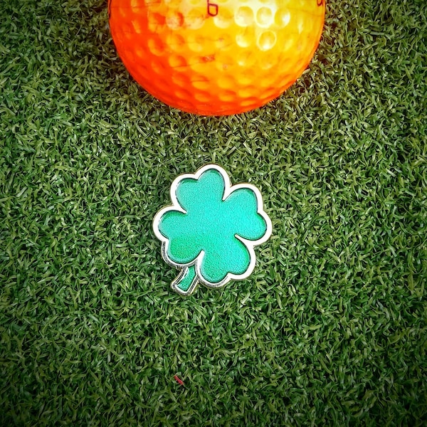 Four Leaf Clover - Enamelled green and gold, magnetic steel golf ball marker - Engraved name personalisation. Lucky game token piece.