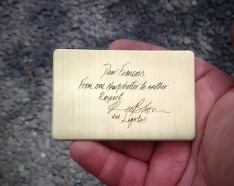 Laser engraved plaque - BRASS. Personalised metal wallet card. Handwriting art conversion. Wedding date. Anniversary gift. Memorial bench.