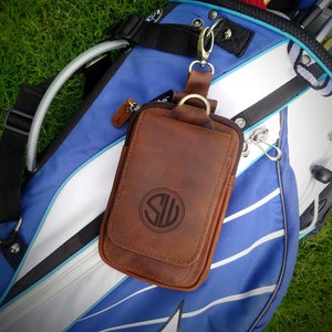 Personalised Leather golf valuables bag - Laser engraved text or logo. Belt bag, wallet, phone pouch, rangefinder. Wedding anniversary gift