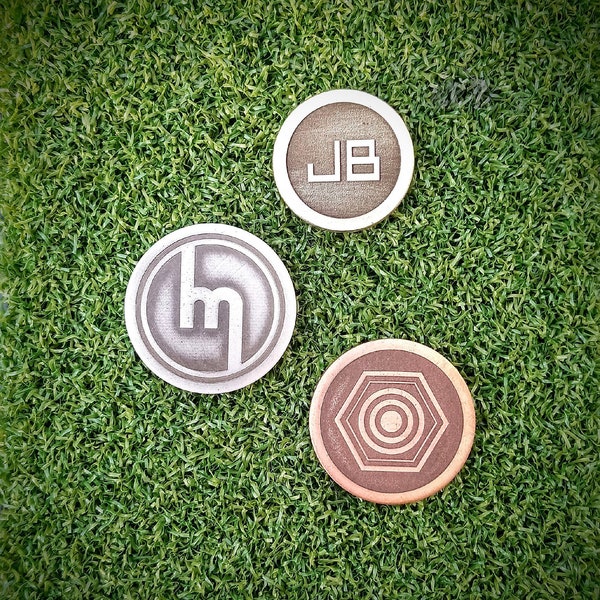 Copper, Brass, Steel or Aluminium raised relief custom golf ball marker. Name or design laser engraved. EDC game decision wedding coin.