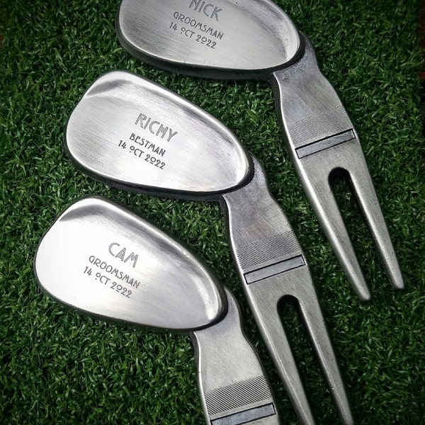 Custom golf divot tool, putting green pitch mark repairer - Mini golf club with laser engraved text or logo personalisation.