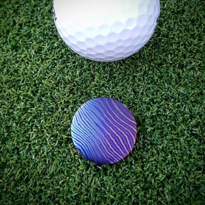 Titanium Damascus custom golf ball marker - Laser engraved personalisation. Timascus Mokume Gane. Anniversary gift. Gallifreyan cosplay.