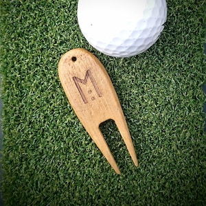 Bamboo Wood golf divot tool, pitch mark repairer - Two pack with laser engraved initials. Sustainable eco golf tool. Wood anniversary gift.
